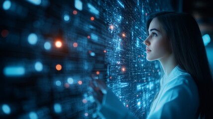 Woman Looking at Digital Interface with Data and Code