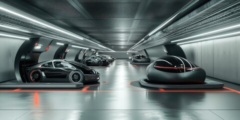 Fototapeta premium Futuristic cars in a futuristic garage.