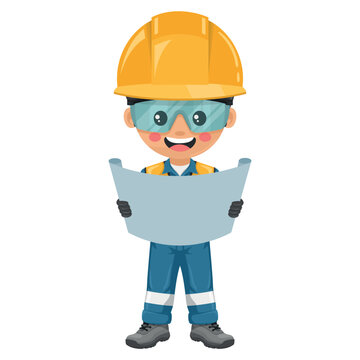 Civil engineer reading construction plans on site. Personal protective equipment. Worker with helmet, overalls, vest, gloves and safety shoes. Safety first. Industrial safety and occupational health