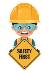 Industrial Safety Engineer holding safety first sign. Engineer with his PPE with reflective safety vest, blue coverall, helmet, safety glasses and gloves. Industrial safety and occupational health