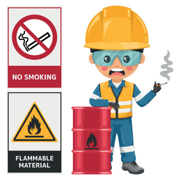 No smoking sign. Flammable product warning. Engineer smoking next to a barrel with flammable material. Negligence and non-compliance with safety regulations. Industrial safety and occupational health