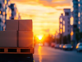 Boxes on a pallet during sunset, capturing a serene moment in a city environment with soft evening light.