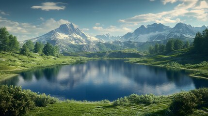 Fototapeta premium 98. Stunning 3D visualization of a tranquil mountain lake with surrounded greenery and distant peaks, isolated on a smooth background
