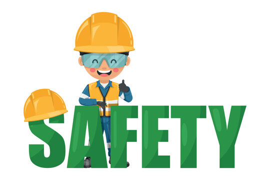 Industrial Safety Engineer with giant safety letters. Engineer with his PPE with reflective safety vest, blue coverall, helmet, safety glasses and gloves. Industrial safety and occupational health