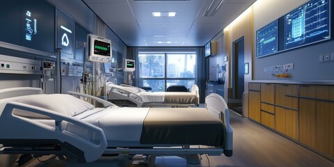 Hospital room with two beds, medical equipment, and a window.