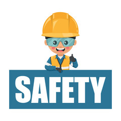 Industrial Safety Engineer with safety letters sign. Engineer with his PPE with reflective safety vest, blue coverall, helmet, safety glasses and gloves. Industrial safety and occupational health