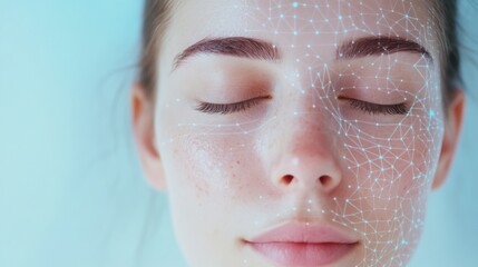 A woman closes her eyes while a digital network overlays her face, demonstrating facial recognition technology.