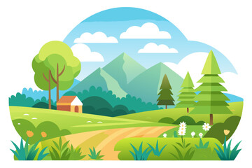 Obraz premium Scenic Landscape with a Winding Road, a Small House, and Lush Greenery