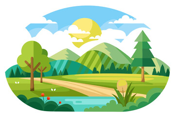 Naklejka premium A picturesque landscape with mountains, trees, a river, and a bright sun.