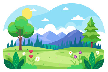 Obraz premium A Sunny Day in a Mountainous Forest with Blooming Flowers