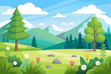 Fototapeta premium A Serene Mountain Meadow with a Single Pine Tree and Blooming Flowers