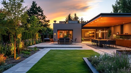 Naklejka premium Modern backyard garden at sunset