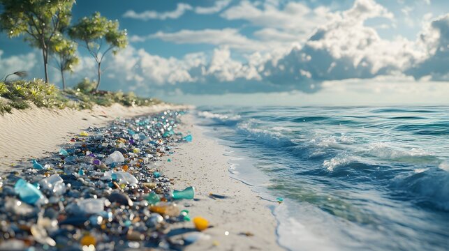 18. Detailed 3D render of a beach with microplastics and other pollution affecting marine life, set against a pristine background