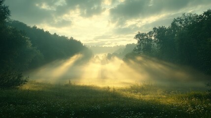 Naklejka premium Sunbeams Through Fog in a Forest Clearing