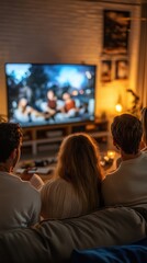 A group of friends relaxes on a couch watching a movie on a large screen while enjoying each other's company