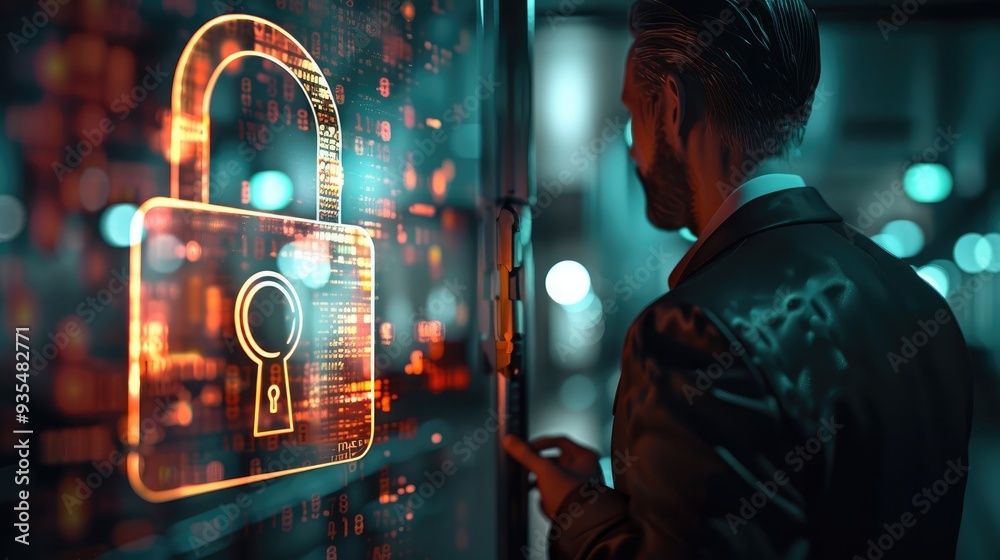 Poster Businessman on blurred background using using digital 3D projection of a padlock. Generative AI.