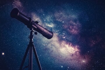 Telescope on tripod under starry sky, solar galaxy exploration concept for astronomy enthusiasts