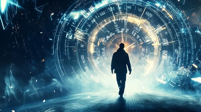 Close up of photo image of time traveler person in astral world with full numbers numerology concept 