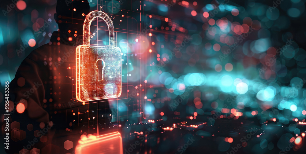 Poster Businessman on blurred background using using digital 3D projection of a padlock. Generative AI.