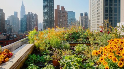 Fototapeta premium Vibrant urban garden on a rooftop, with a variety of plants and flowers against the backdrop of the city, symbolizing the reclaiming of urban spaces for nature.