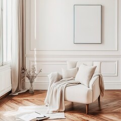 A Cozy Minimalist Living Room Featuring Soft Neutral Tones and Abundant Natural Light Empty Frame Mockup