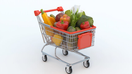 A red metal shopping cart overflowing with fresh, healthy fruits and vegetables, ready for purchase at the local market