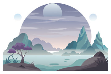 Obraz premium A Misty Mountain Lake with Two Moons and a Single Tree
