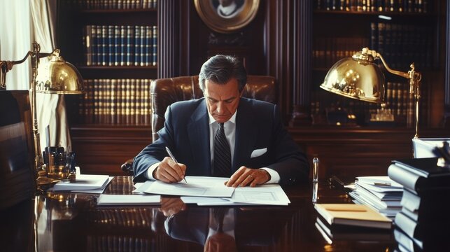 12082007 276 A businessman signing documents at his desk in a traditional office --ar 16:9 --style raw --stylize 250 --v 6.1 Job ID: 68775cb0-fbc6-4257-9b0c-e2a0ff18c765