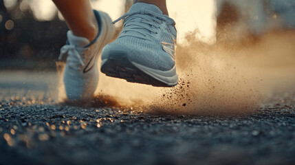 A close-up of running shoes hitting the pavement, capturing the dust and motion blur, symbolizing determination and perseverance in every step.