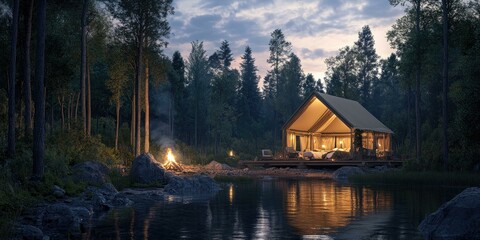 Fototapeta premium A cabin in the woods by a lake at night.