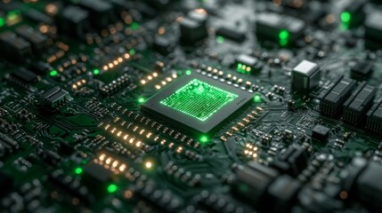 Fototapeta premium Close-up of a circuit board with a central processor and lights.