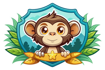 Obraz premium Cartoon Monkey Holding a Star on a Banner in a Shield
