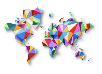 World map shape made of colorful polygons. 3D illustration on a transparent background