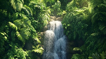 Fototapeta premium 86. Stunning 3D visualization of a vibrant jungle scene with dense foliage and a tranquil waterfall, isolated on a clean background