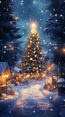 Merry Christmas and Happy New Year. Christmas tree and colorful ornaments on holiday background