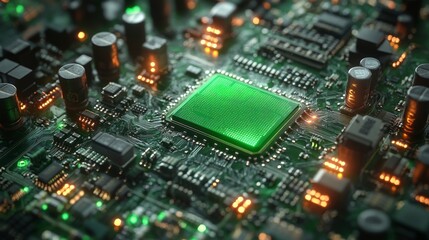 Close-up of a green microprocessor on a circuit board.