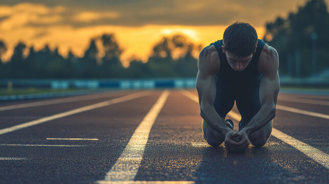 A runner cooling down after a race, hands on knees, breathing heavily, with a track and finish line in the background, capturing the exhaustion and satisfaction of effort.