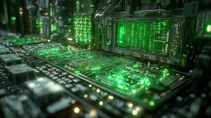 A close-up view of a futuristic circuit board with glowing elements.