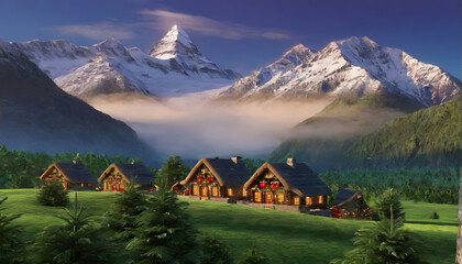 Obraz premium Cozy Wooden Cabins in Mountain Valley with Snow-Capped Peaks at Dawn
