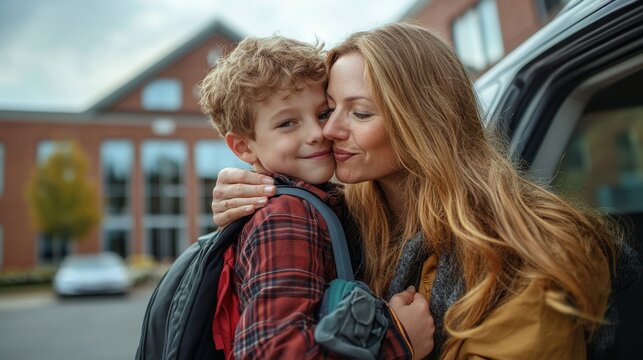Mother and Son Hug and Kiss