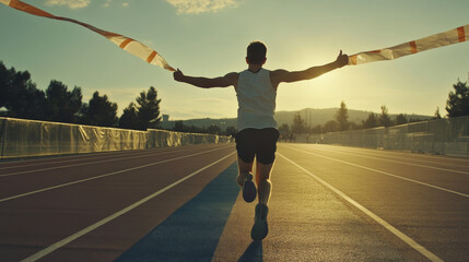 A runner crossing the finish line in slow motion, celebrating a personal best time.