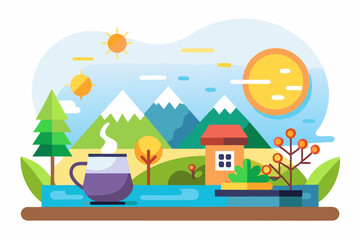 Obraz premium A steaming mug of tea in front of a mountain landscape with a small house and sunshine