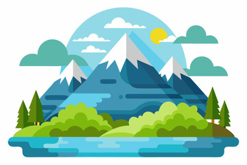 Flat Design Illustration of a Mountain Landscape with a River, Trees, and Clouds