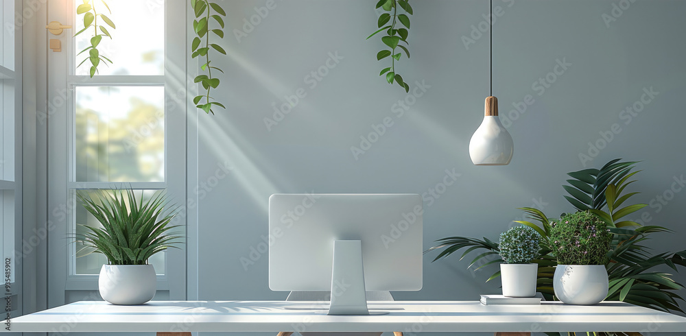 Aufkleber minimalist workspace with modern furniture and a clean. generative ai.