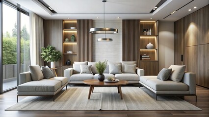 Fototapeta premium Sophisticated simplicity is achieved through linear design, muted color palette, tailored cuts, and restrained sophistication.