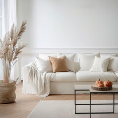 Stylishly Cozy Living Room Featuring Minimalist Decor Enhanced with Seasonal Accents Empty Wall Mockup