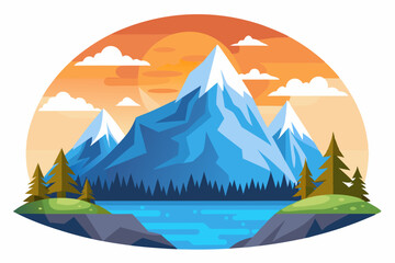 Mountainous Landscape with Lake and Sunset