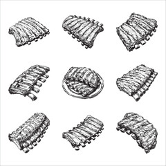 Set of pork ribs vector illustrations - hand drawn pork ribs - black and white pork ribs isolated on white background