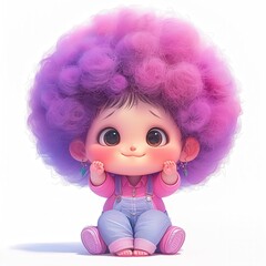 Fototapeta premium Adorable 3D cartoon baby girl character with fluffy purple afro hair wearing denim overalls.