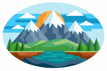 Mountain Range with a Sun, Lake, and Trees